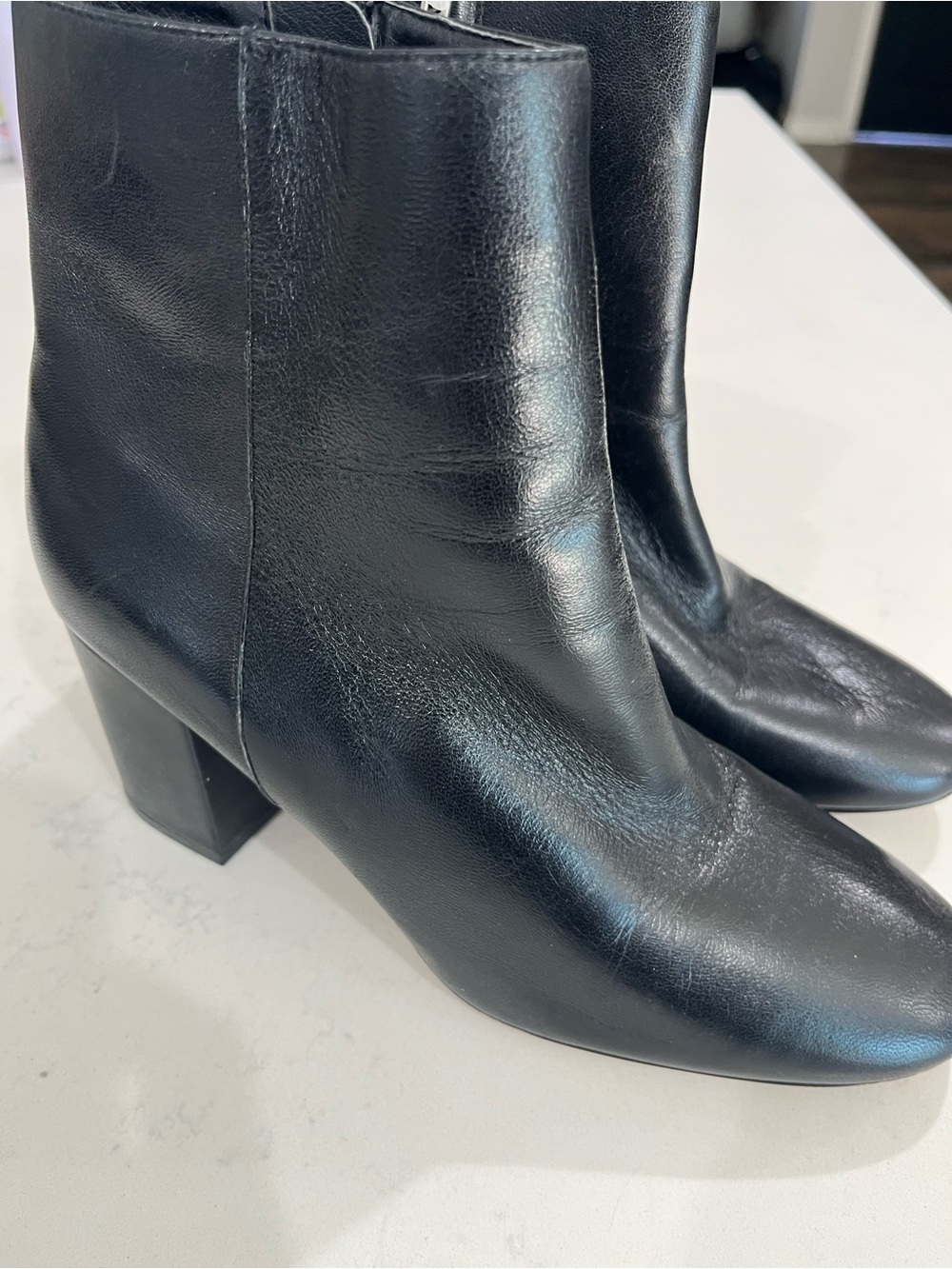 Halogen Black Leather Block Heel Ankle Boots